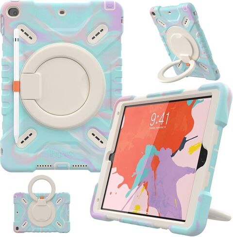 PEPKOO Triple Shockproof Case for iPad 9th/8th/7th Generation 10.2 inch 2021/2020/2019, Air 3rd Generation 10.5 inch, Heavy Duty Cover with Pencil Holder, Handle Kickstand, Shoulder Strap, Black in Kuwait