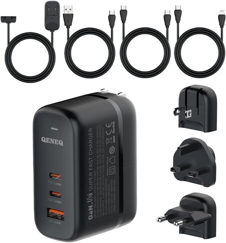QENEQ 65W USB C Charger,GaN PPS 3-Port Fast Compact Foldable,Wall Charger,Travel Adapter with US/UK/EU Plug Extension Cord for MacBook Pro/Air, iPad Pro, Galaxy S23, Dell XPS 13, iPhone 15, and More in Kuwait