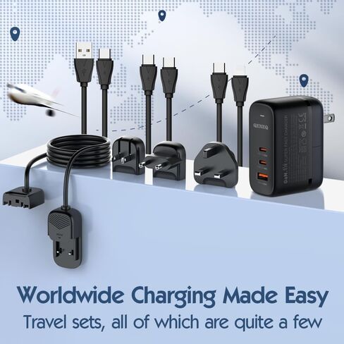 QENEQ 65W USB C Charger,GaN PPS 3-Port Fast Compact Foldable,Wall Charger,Travel Adapter with US/UK/EU Plug Extension Cord for MacBook Pro/Air, iPad Pro, Galaxy S23, Dell XPS 13, iPhone 15, and More in Kuwait