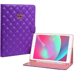 Case for iPad 9th/8th/7th Generation 10.2 inch 2021/2020/2019, PU Leather Crown Bling Folio Stand Cover with Built-in Apple Pencil Holder - Auto Wake/Sleep and Multiple Viewing Angles (Black) in Kuwait