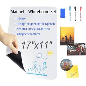 HouzeFun Magnetic Dry Erase Whiteboard for Refrigerator, Fridge Whiteboard for Kitchen,17"x11" White Board for Locker, Include 1 Eraser, 1 Bottle Opener Fridge Magnet, 2 4"x6" Photo Frames, 3 Markers in Kuwait