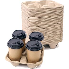 عبوة من 50 قطعة من حاملات المشروبات القابلة للتحلل البيولوجي للاستعمال مرة واحدة من يوبوزويف - حامل اكواب توصيل من الياف اللب - مصمم لحمل المشروبات الساخنة والباردة بشكل امن in Kuwait