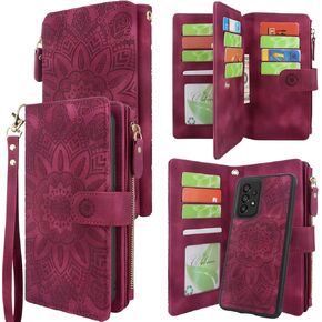 Harryshell Detachable Magnetic Zipper Wallet Leather Case with Cash Coin Pocket 12 Card Slots Holder Wrist Strap Lanyard for Samsung Galaxy A53 5G (2022) Flower (Black) in Kuwait