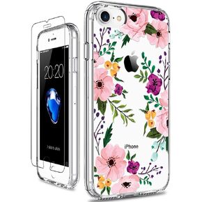 حافظة GiiKa iPhone SE 2020، حافظة iPhone 8، حافظة iPhone 7 مع واقي شاشة، حافظة واقية شفافة للفتيات والنساء حافظة صلبة من البولي كربونات مع غطاء ممتص للصدمات من مادة TPU لهاتف iPhone 8، زهور صغيرة