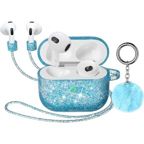 حافظة Airpods، حافظة DMMG Airpods 3 غطاء سيليكون للفتيات والنساء، حافظة AirPods واقية لطيفة لامعة مع سلسلة مفاتيح كروية زغبية، مقاومة للخدش للجيل الثالث من Airpod (ذهبي وردي)