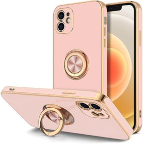 Hython Case for iPhone 12 Case with Ring Stand [360° Rotatable Ring Holder Magnetic Kickstand] [Soft Microfiber Lining] Shockproof Rubber Protective Phone Cases Cover for Women Girls, Antique White