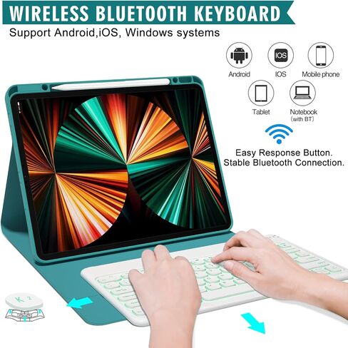 iPad Pro 12.9 inch Case with Keyboard Compatible for iPad 12.9-inch 2022/2021/2020 (6th/5th/4th Gen) with Pencil Holder,Smart Folio Tablet Cover with 7 Color Backlit Detachable Wireless Keyboard in Kuwait