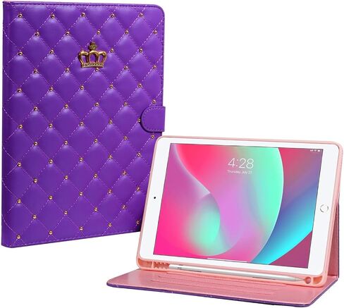Case for iPad 9th/8th/7th Generation 10.2 inch 2021/2020/2019, PU Leather Crown Bling Folio Stand Cover with Built-in Apple Pencil Holder - Auto Wake/Sleep and Multiple Viewing Angles (Black) in Kuwait