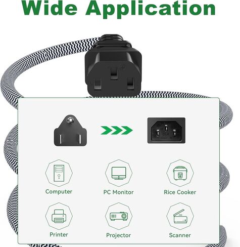 10FT Computer Power Cord (1 Pack), 3 Prong Nylon Braided Replacement Power Cable, NEMA 5-15P to IEC13, 18AWG, 10A 110V-300V(MAX), AC Power Cord for TV, Monitor, Appliance, Desktop, Scanner, Printer in Kuwait