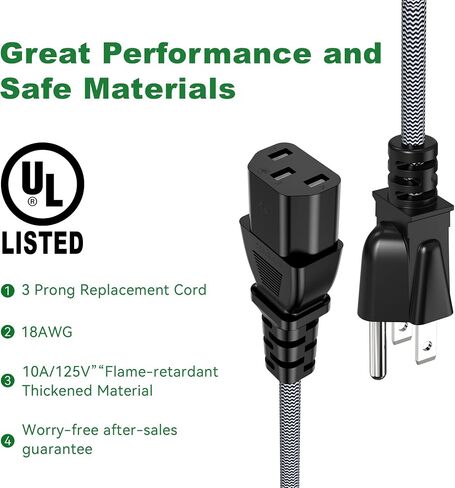 10FT Computer Power Cord (1 Pack), 3 Prong Nylon Braided Replacement Power Cable, NEMA 5-15P to IEC13, 18AWG, 10A 110V-300V(MAX), AC Power Cord for TV, Monitor, Appliance, Desktop, Scanner, Printer in Kuwait