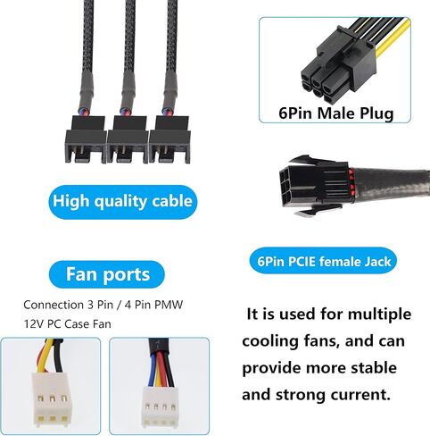 GRLRHONR 6 Pin PCI-E to 6 x 3Pin 4Pin PC Case Fan Sleeved Adapter Cable, 3/4Pin to 6 Pin Male Computer Cooler Cooling Fan Splitter Y Power Cable (Black 6 PIN to 6 x 3pin/4Pin) in Kuwait