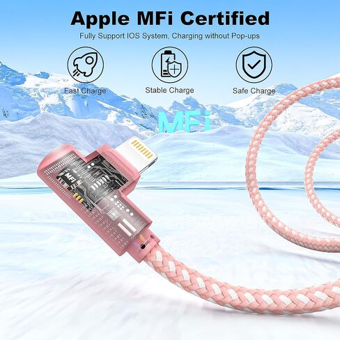 شاحن iPhone بطول 10 أقدام كابل Lightning معتمد من Apple MFI 3 قطع سلك شاحن iPhone سريع مضفر من النايلون 90 درجة متوافق مع iPhone 14/13/12/11 Pro Max/XS Max/XR/XS/X/8/7/6 Plus iPad Airpods in Kuwait