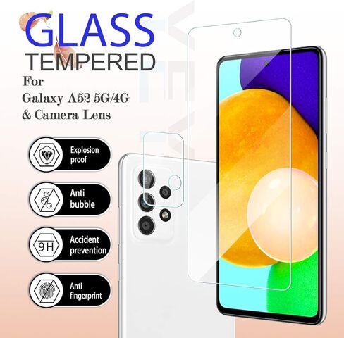 واي اي بي اف واقي شاشة شفاف من الزجاج المقوى لموبايل جالاكسي A52 HD + واقيات عدسة الكاميرا من ييبف، [2+2 عبوة] [زجاج ثلاثي الأبعاد] [مضاد للوهج] [خالي من الفقاعات] واقي شاشة زجاجي لسامسونج جالاكسي A52 in Kuwait