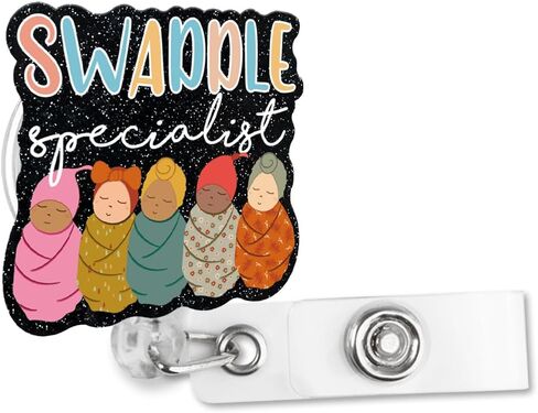 Sixrip Swaddle Specialist بكرة شارة سوداء لامعة قابلة للسحب مع مشبك التمساح، هدية حامل شارة لطيفة لحديثي الولادة وحدة العناية المركزة NICU L&D قابلة الأمومة بعد الولادة طبيب ممرضة أمراض النساء والتوليد in Kuwait