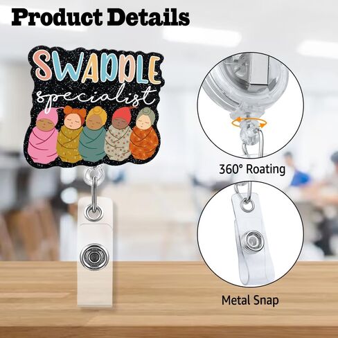 Sixrip Swaddle Specialist بكرة شارة سوداء لامعة قابلة للسحب مع مشبك التمساح، هدية حامل شارة لطيفة لحديثي الولادة وحدة العناية المركزة NICU L&D قابلة الأمومة بعد الولادة طبيب ممرضة أمراض النساء والتوليد in Kuwait