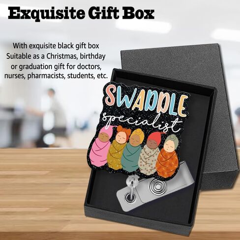 Sixrip Swaddle Specialist بكرة شارة سوداء لامعة قابلة للسحب مع مشبك التمساح، هدية حامل شارة لطيفة لحديثي الولادة وحدة العناية المركزة NICU L&D قابلة الأمومة بعد الولادة طبيب ممرضة أمراض النساء والتوليد in Kuwait