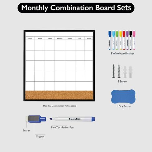 "سبورة بيضاء بتقويم DumanAsen، 16 × 16 لوحة بيضاء بتقويم شهري مغناطيسي للجدار، إطار من الألومنيوم لوحة بيضاء للتخطيط المحمول للمنزل والمكتب، تتضمن علامات وممحاة وأجهزة تعليق in Kuwait