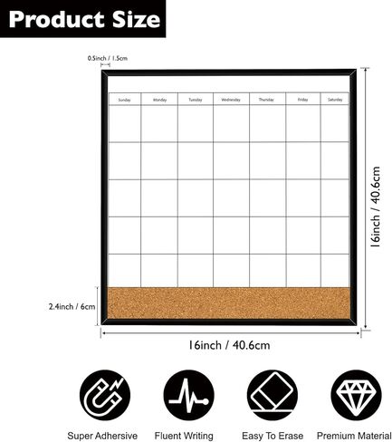 "سبورة بيضاء بتقويم DumanAsen، 16 × 16 لوحة بيضاء بتقويم شهري مغناطيسي للجدار، إطار من الألومنيوم لوحة بيضاء للتخطيط المحمول للمنزل والمكتب، تتضمن علامات وممحاة وأجهزة تعليق in Kuwait