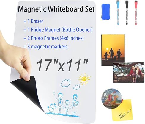 HouzeFun Magnetic Dry Erase Whiteboard for Refrigerator, Fridge Whiteboard for Kitchen,17"x11" White Board for Locker, Include 1 Eraser, 1 Bottle Opener Fridge Magnet, 2 4"x6" Photo Frames, 3 Markers in Kuwait