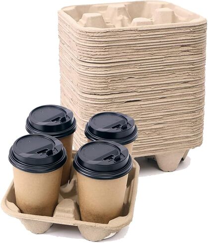 عبوة من 50 قطعة من حاملات المشروبات القابلة للتحلل البيولوجي للاستعمال مرة واحدة من يوبوزويف - حامل اكواب توصيل من الياف اللب - مصمم لحمل المشروبات الساخنة والباردة بشكل امن in Kuwait