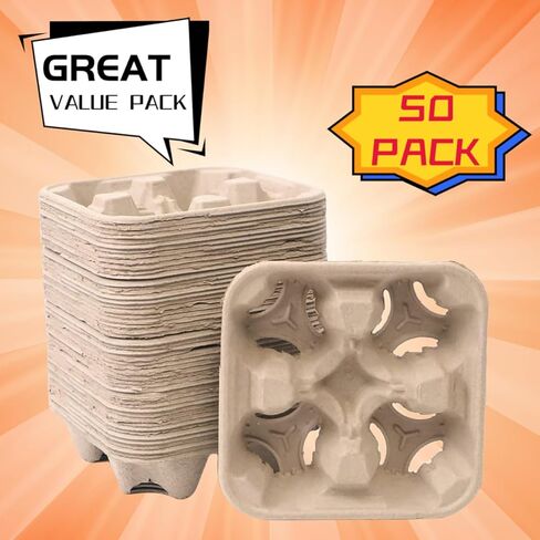 عبوة من 50 قطعة من حاملات المشروبات القابلة للتحلل البيولوجي للاستعمال مرة واحدة من يوبوزويف - حامل اكواب توصيل من الياف اللب - مصمم لحمل المشروبات الساخنة والباردة بشكل امن in Kuwait