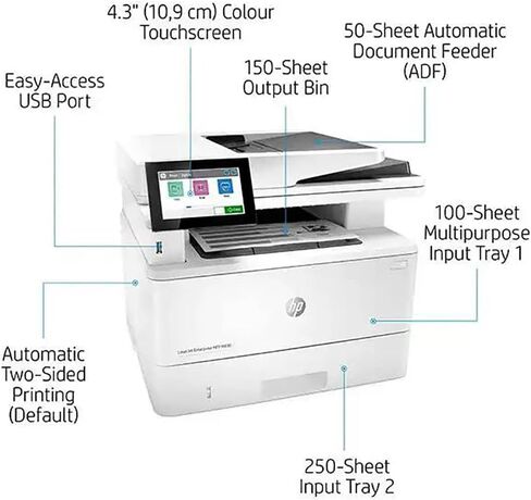 طابعة ليزر HP Laserjet Enterprise MFP M430f الكل في واحد سلكية أحادية اللون، بيضاء - طباعة مسح ضوئي وفاكس - شاشة LCD 4.3 بوصة، 40 صفحة في الدقيقة، طباعة تلقائية على الوجهين، وحدة التغذية التلقائية للمستندات سعة 50 ورقة، إيثرنت (متجدد) in Kuwait