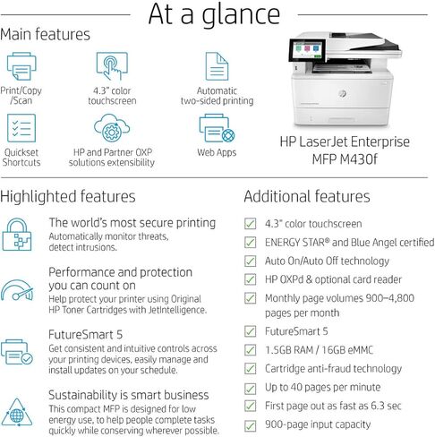 طابعة ليزر HP Laserjet Enterprise MFP M430f الكل في واحد سلكية أحادية اللون، بيضاء - طباعة مسح ضوئي وفاكس - شاشة LCD 4.3 بوصة، 40 صفحة في الدقيقة، طباعة تلقائية على الوجهين، وحدة التغذية التلقائية للمستندات سعة 50 ورقة، إيثرنت (متجدد) in Kuwait