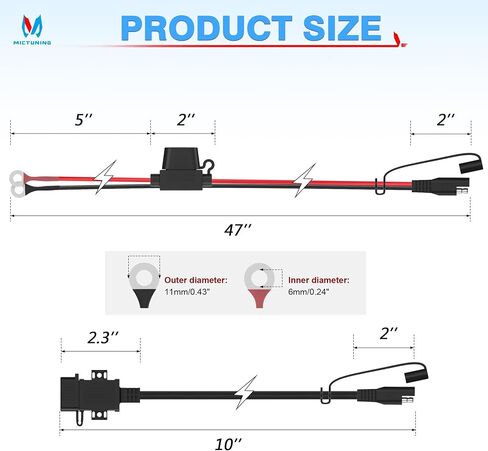 MICTUNING 5.5FT 10AWG مقبس الطاقة SAE منفذ الجدار الجانبي إلى SAE الحبل موصل سريع تمديد كابل تسخير، 12V-24V مع غطاء الغبار و 6 الصمامات للسيارات RV دراجة نارية لوحة للطاقة الشمسية SAE التوصيل in Kuwait