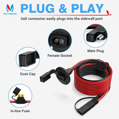 MICTUNING 5.5FT 10AWG مقبس الطاقة SAE منفذ الجدار الجانبي إلى SAE الحبل موصل سريع تمديد كابل تسخير، 12V-24V مع غطاء الغبار و 6 الصمامات للسيارات RV دراجة نارية لوحة للطاقة الشمسية SAE التوصيل in Kuwait