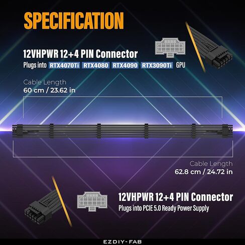 كابل EZDIY-FAB 16AWG PCI-e 5.0 12VHPWR PSU، كابل ذكر 600 وات 12+4 دبوس إلى 12+4 دبوس ذكر لـ RTX 3090Ti/4070Ti/4080/4090، 60 سم/23.62 بوصة - أسود وأحمر in Kuwait