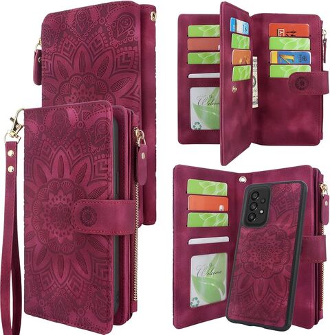 حافظة جلدية بسحاب مغناطيسي قابل للفصل من هاريشيل مع جيب للعملات المعدنية و12 فتحة للبطاقات وحزام معصم لهاتف سامسونج جالاكسي A53 5G (2022) زهرة (أرجواني) in Kuwait