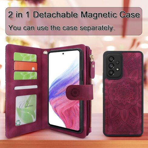 حافظة جلدية بسحاب مغناطيسي قابل للفصل من هاريشيل مع جيب للعملات المعدنية و12 فتحة للبطاقات وحزام معصم لهاتف سامسونج جالاكسي A53 5G (2022) زهرة (أرجواني) in Kuwait