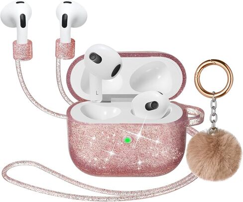 حافظة Airpods، حافظة DMMG Airpods 3 غطاء سيليكون للفتيات والنساء، حافظة AirPods واقية لطيفة لامعة مع سلسلة مفاتيح كروية زغبية، مقاومة للخدش للجيل الثالث من Airpod (ذهبي وردي) in Kuwait