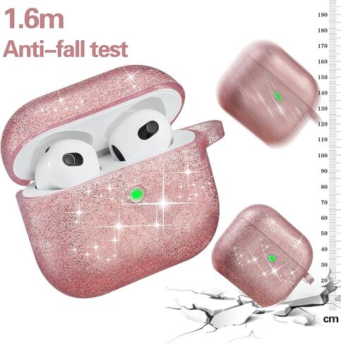 حافظة Airpods، حافظة DMMG Airpods 3 غطاء سيليكون للفتيات والنساء، حافظة AirPods واقية لطيفة لامعة مع سلسلة مفاتيح كروية زغبية، مقاومة للخدش للجيل الثالث من Airpod (ذهبي وردي) in Kuwait