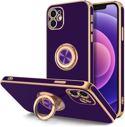 حافظة Hython لهاتف iPhone 12 مع حامل حلقي [حامل حلقي قابل للدوران 360 درجة ومسند مغناطيسي] [بطانة ناعمة من الألياف الدقيقة] غطاء حماية مضاد للصدمات بحافة ذهبية وردية للنساء، أبيض in Kuwait