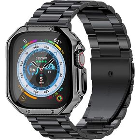 iTecFree لساعة Apple بسوار معدني مع حافظة 45 مم 44 مم 42 مم 41 مم 40 مم 38 مم، حزام معصم رياضي للرجال من الفولاذ المقاوم للصدأ وغطاء ناعم من مادة TPU لسلسلة iWatch SE 8 7 6 5 4 3 2 1