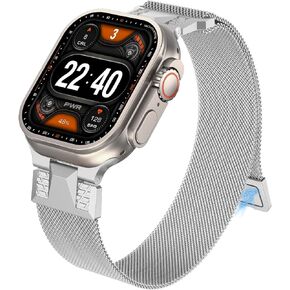 حزام مغناطيسي معدني من Crodi متوافق مع ساعة Apple Ultra/Ultra 2 (49 ملم)، السلسلة 9/8/SE2/7/6/SE/5/4/3/2/1(45 ملم/44 ملم/42 ملم) للرجال قوي ومتين من الفولاذ المقاوم للصدأ شبكة حلقة المشبك المغناطيسي iWatch الفرقة