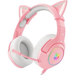 سماعة رأس سلكية للألعاب من ONITOON مع آذان قطة قابلة للفصل، وسماعات رأس فوق الأذن مع ميكروفون قابل للسحب، وإضاءة LED RGB، وصوت محيطي، ومتوافقة مع الكمبيوتر الشخصي، وPS4، وPS5، والهاتف in Kuwait