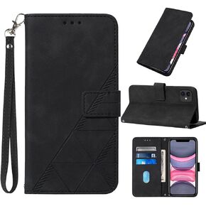 Compatible for iPhone 11 Wallet Case,[Kickstand][Wrist Strap][Card Holder Slots] TPU Interior Protective PU Leather Folio Flip Cover for iPhone 11 Case Wallet (Black)