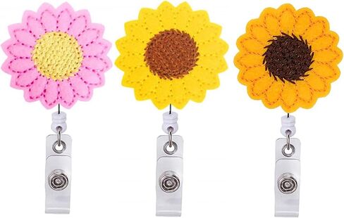 3 Pack Retractable Badge Holder, Sunflower Design ID Badge Reel with Alligator Clip for Name Card Keychain [24" Nylon Wire Cord]… in Kuwait
