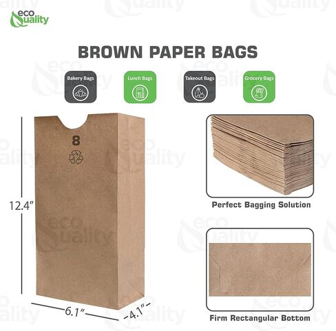 Brown Kraft Paper Bag (8 lb) Small - Paper Lunch Bags, Small Snacks, Gift Bags, Grocery, Merchandise, Party Bags (6 1/8 x 4 1/8 x 12 7/16 in.) (8 Pound Capacity) by EcoQuality (100) in Saudi Arabia
