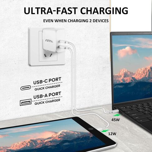 شاحن حائط FGY USB C، شاحن سريع 65 وات GaN II مزود بمنفذ مزدوج مع قابس قابل للطي، شاحن كمبيوتر محمول محمول لأجهزة MacBook Air/MacBook Pro وChromebook وiPhone14/13 وSamsung Galaxy in Kuwait