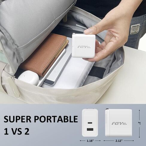 شاحن حائط FGY USB C، شاحن سريع 65 وات GaN II مزود بمنفذ مزدوج مع قابس قابل للطي، شاحن كمبيوتر محمول محمول لأجهزة MacBook Air/MacBook Pro وChromebook وiPhone14/13 وSamsung Galaxy in Kuwait