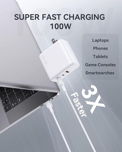 VOLTME 100W GaN III USB C Wall Charger (Foldable Plug), 3-Port PD 3.0 PPS Fast Charge USB-C Charger for Chromebook Laptop, MacBook Pro/Air, Pixelbook, ThinkPad, Dell XPS, iPad, iPhone 14 13, Samsung in Kuwait