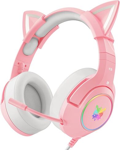 سماعة رأس سلكية للألعاب من ONITOON مع آذان قطة قابلة للفصل، وسماعات رأس فوق الأذن مع ميكروفون قابل للسحب، وإضاءة LED RGB، وصوت محيطي، ومتوافقة مع الكمبيوتر الشخصي، وPS4، وPS5، والهاتف in Kuwait