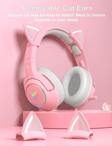 سماعة رأس سلكية للألعاب من ONITOON مع آذان قطة قابلة للفصل، وسماعات رأس فوق الأذن مع ميكروفون قابل للسحب، وإضاءة LED RGB، وصوت محيطي، ومتوافقة مع الكمبيوتر الشخصي، وPS4، وPS5، والهاتف in Kuwait