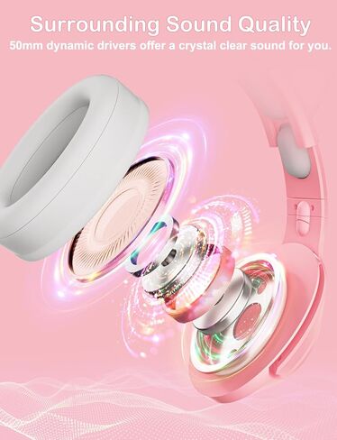 سماعة رأس سلكية للألعاب من ONITOON مع آذان قطة قابلة للفصل، وسماعات رأس فوق الأذن مع ميكروفون قابل للسحب، وإضاءة LED RGB، وصوت محيطي، ومتوافقة مع الكمبيوتر الشخصي، وPS4، وPS5، والهاتف in Kuwait