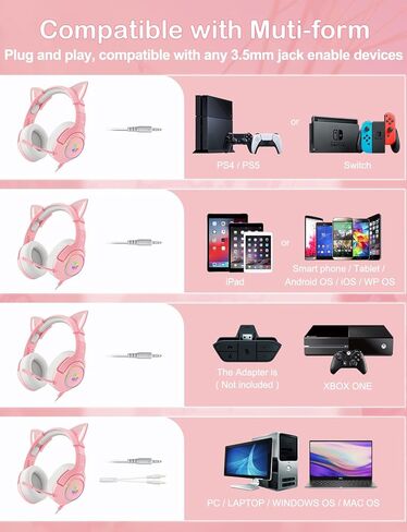 سماعة رأس سلكية للألعاب من ONITOON مع آذان قطة قابلة للفصل، وسماعات رأس فوق الأذن مع ميكروفون قابل للسحب، وإضاءة LED RGB، وصوت محيطي، ومتوافقة مع الكمبيوتر الشخصي، وPS4، وPS5، والهاتف in Kuwait