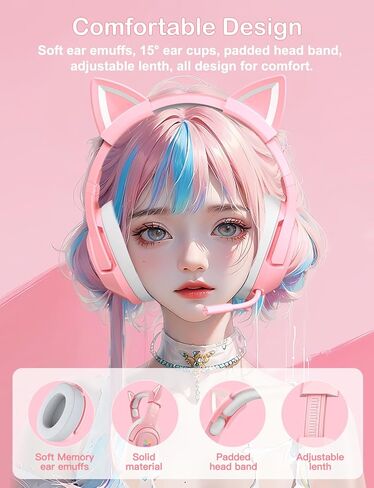 سماعة رأس سلكية للألعاب من ONITOON مع آذان قطة قابلة للفصل، وسماعات رأس فوق الأذن مع ميكروفون قابل للسحب، وإضاءة LED RGB، وصوت محيطي، ومتوافقة مع الكمبيوتر الشخصي، وPS4، وPS5، والهاتف in Kuwait