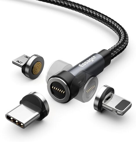 كابل شحن مغناطيسي من ESSAGER 4 حزم (3.3/3.3/6.6/6.6FT)، دوران مغناطيسي 540 درجة، مؤشر LED، توافق عالمي، كابل شاحن USB C Type-C Micro iPhone 3 في 1 (أسود) in Kuwait